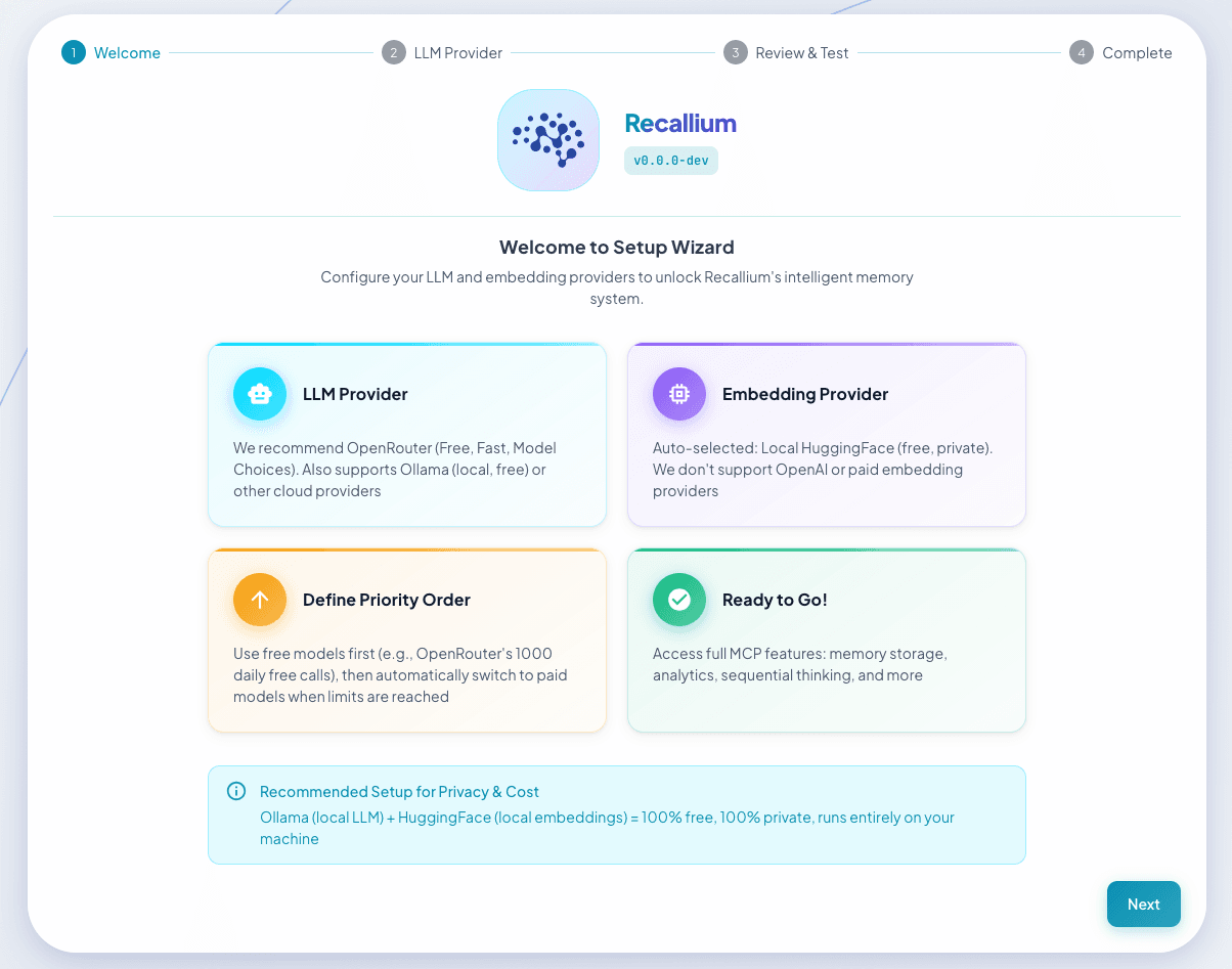 The Setup Wizard opens in your browser at localhost:9001
