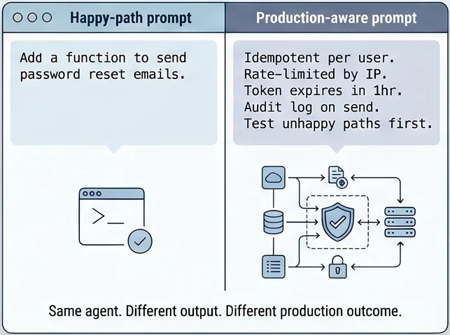 Two prompts side by side. Happy-path prompt: add a function to send password reset emails. Production-aware prompt: idempotent per user, rate-limited by IP, token expires in one hour, audit log on send, test unhappy paths first. Caption: same agent, different output, different production outcome.