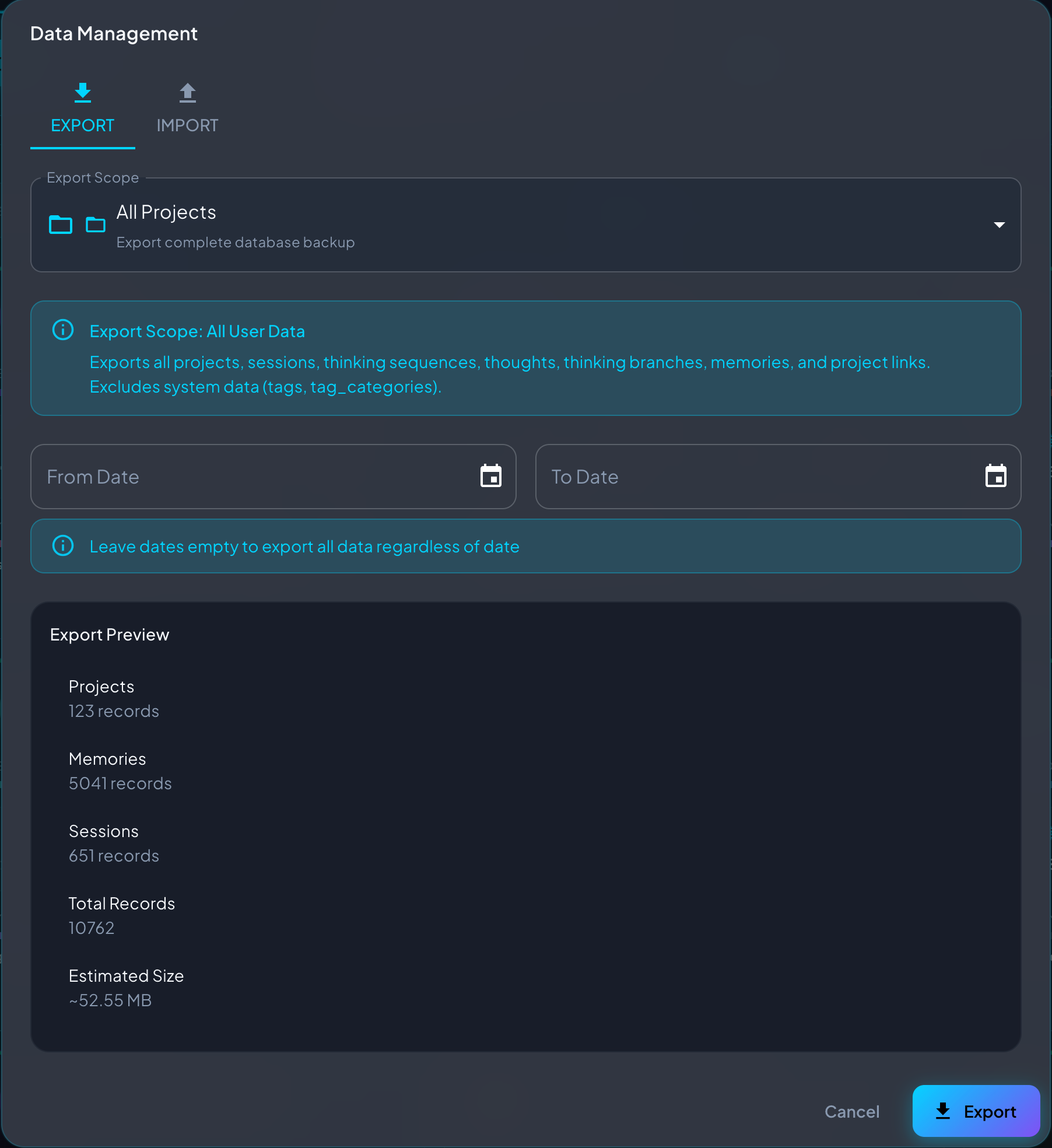 Recallium Export Dialog - Preview and Download